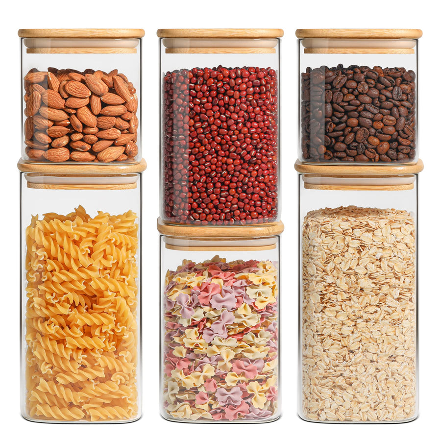 ComSaf Glass Pantry Storage Jars Set of 6 — Square 0.7/1.2/1.6 qt with Bamboo Lids & Silic — ComSaf at The Homely Pantry