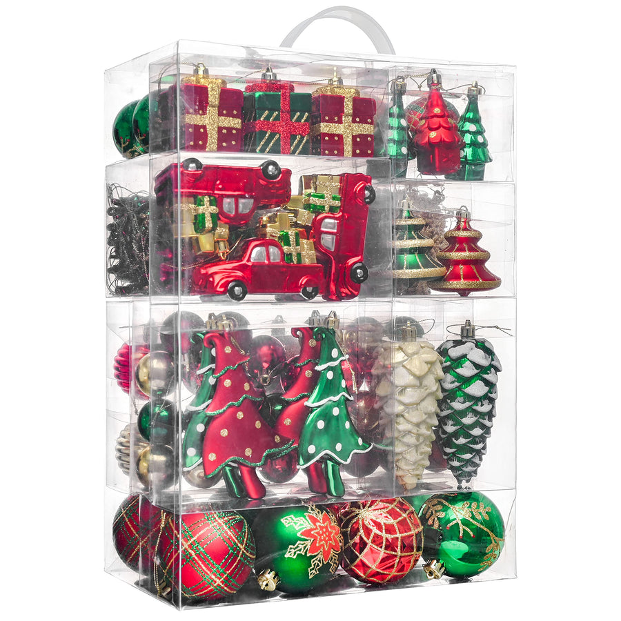 Valery Madelyn 155-Piece Christmas Ornament Set — Red Green Gold, Shatterproof Mix with Ma — Ornaments at The Homely Pantry