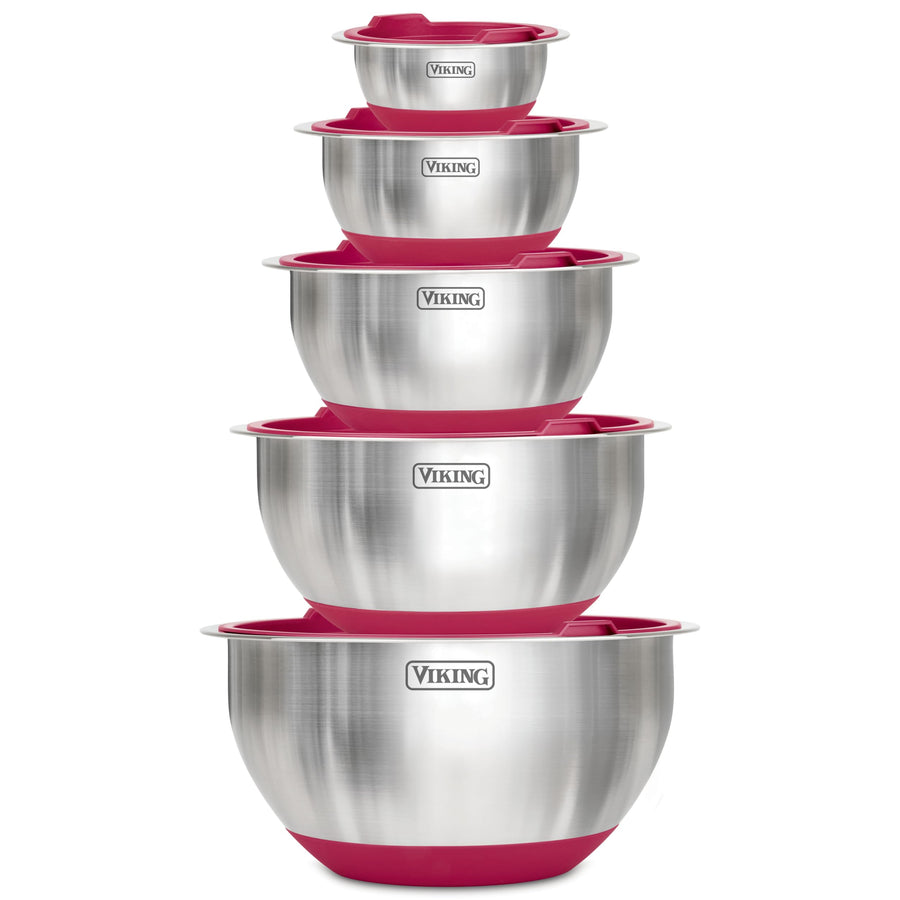 Viking stainless steel mixing bowls set, 10-piece with red non-slip silicone bases and air — Bakeware at The Homely Pantry