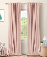 100% Blackout Shield front view showing blush pink blackout curtains and full light blocking benefit