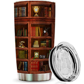 2IMT book tumbler front view showcasing bookshelf print and travel-ready design