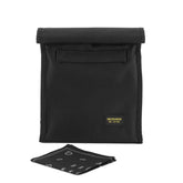 2nd Childhood front view black lunch bag showing durable shell and handle benefit: rugged daily carry