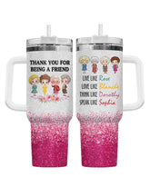 34HD front view of tumbler showing golden squad illustration and gratitude message for fans