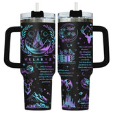 34HD front view of tumbler showing neon celestial art and full design, stylish daily carry