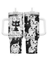 34HD tumbler front view showing cat artwork and quote, playful gifting benefit