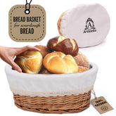 A ARTIZANKA front view of wicker bread basket showing sturdy design and serving benefit