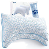 A-Pce king set front packaging showing two pillows and benefit of included extra fill