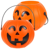 Abaodam front view of two pumpkin buckets showing classic jack-o'-lantern faces and bright color, ideal for festive treats