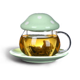 Aboyer mushroom cup front view showing clear glass and green mushroom design, stylish daily use