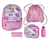 Accessory Innovations Hello Kitty backpack front view showing neon rainbows and padded straps for comfort