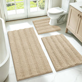 ACCUMTEK front view of striped beige rug set showing neutral elegance and comfort