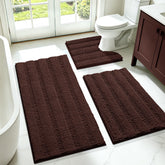 ACCUMTEK front view of three-piece striped brown rug set showing coordinated look and softness