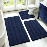 ACCUMTEK front view of boxed three-piece rug set showing coordinated navy stripes and benefits
