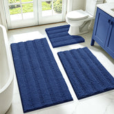 ACCUMTEK front view of three-piece denim blue rug set, shows cohesive style and comfort