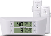 AcuRite front display showing fridge and freezer temperatures and alarm benefit