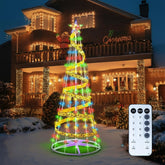 Adamonda cone tree full front view showing bright LEDs and ribbon for festive curb appeal