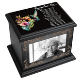 ADMLC front view wooden urn with photo frame showing dignified display