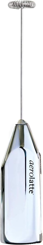 Aerolatte polished chrome front view showing sleek design and portability benefit