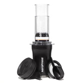 AeroPress front packaging showing compact travel brewer and tumbler for convenience