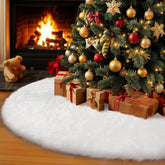 AerWo white faux fur tree skirt front view enhances holiday presentation