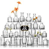 Aheroi front view of 32 clear bud vases showing elegant set and styling benefit