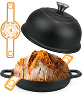AHJ Dutch oven front view showing sturdy handle and lid, reliable heat retention