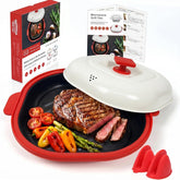 AHJ grill pan front view showing red pan and lid, ideal for quick crisping