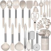 AIKKIL front packaging showing full 30-piece khaki utensil set and holder for easy storage