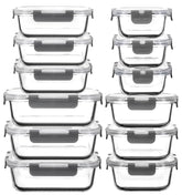 AILTEC front view of 12-pack glass containers showing clear stackable design and organized storage benefit