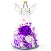 AIMEYE angel front view showing purple preserved flowers and elegant silhouette, gifting appeal