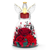 AIMEYE front view of glass angel holder showing preserved roses, elegant display benefit