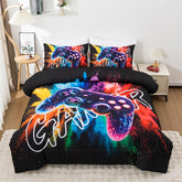Aimuan front view of comforter showcasing vivid gamepad artwork and bold colors