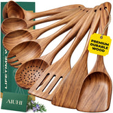 AIUHI front packaging showing 8-piece teak set ready as a gift