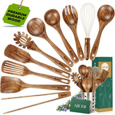 AIUHI teak wood utensil set front view showing holder and all tools for organized storage