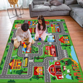 AKASISRUG front view showing town map layout and playful roads benefit imaginative play