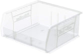 Akro-Mils front view of clear 11x11x5 bin showing contents and quick access benefit