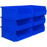 Akro-Mils front view of blue 6-pack bins showing neat uniform storage benefit