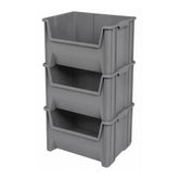 Akro-Mils front view of three grey bins showing stackability and organization benefit