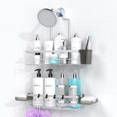AKTECKE front view of hanging shower caddy showing two-tier storage and stability benefit