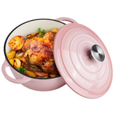 Alathote Dutch oven front view showing pink enamel and capacity benefit