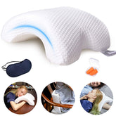 ALEVMOOM front view showing pillow shape and packaging, highlights portable comfort