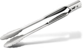 All-Clad tongs front view showing full 12-inch length and balanced handle for safe use