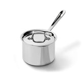 All-Clad front view of D3 2-qt saucepan showing polished finish and lid, durable performance