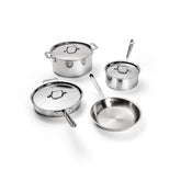 All-Clad D3 front view of full 7-piece set showing professional finish and versatility