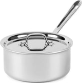 All-Clad D3 saucepan front view showing polished finish and lid, durable professional look