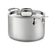 All-Clad D5 soup pot front view showing polished interior and lid, durable cooking performance