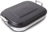 All-Clad lasagna pan front view showing polished stainless finish and large cooking area, ideal for even baking