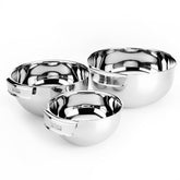 All-Clad front view of three stainless steel bowls showing mirror finish and sizes for durable prep