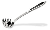 All-Clad pasta ladle front view showing prongs and polished bowl for precise serving