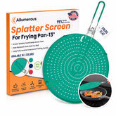 Allumerous front view of green splatter screen protecting pan, reduces mess